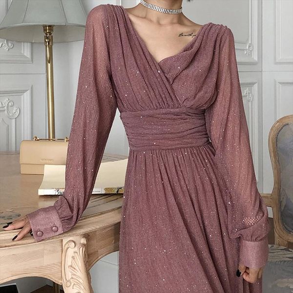 

vintage glitter long maxi dress women spring high waist long sleeve elegant boho dress shiny party plus size a872, Black;gray