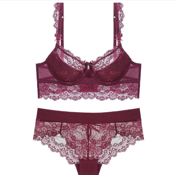 

lace thin cotton cup breast adjustable side closed lingerie five breasted bra suit, Red;black