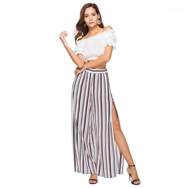 

summer striped pants women 2020 fashion side split waist elastic wide leg chiffon skirt pants high street style ladies trousers1, Black;white