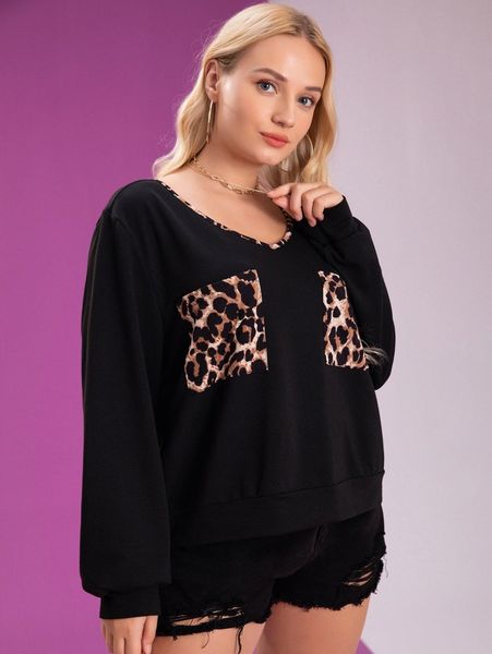 

plus leopard contrast binding sweatshirt x02r#, Black