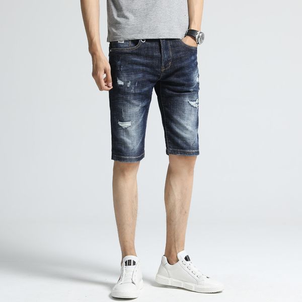 

fashionable elastic shorts thin hole men's capris slim fit young boys middle pants jeans, Blue