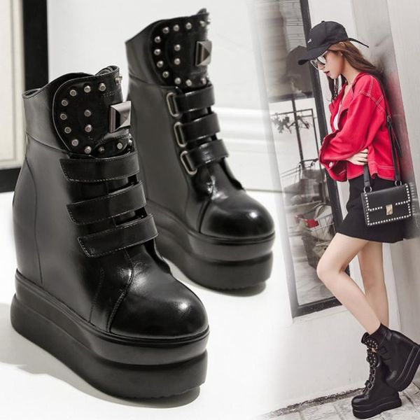 

boots wedges height increased riding punk rivets creepers muffins ankle botas trendy 3 hook loop stud short motorcycle botines, Black