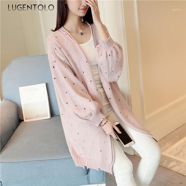 

women's knits & tees lugentolo women sweater korean loose solid color autumn winter lantern sleeve ripped knitted cardigan lady sweater, White