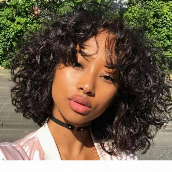

full lace human hair short wigs curly for women brazilian virgin short bob curly human hair lace front wigs with baby hair, Black;brown