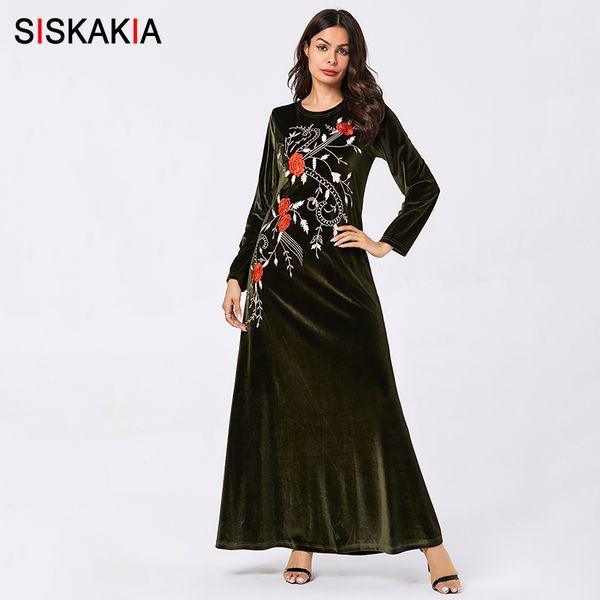 

siskakia dress women autumn winter new velvet floral embroidery long dresses full sleeve plus size o neck muslim clothing 201125, Black;gray