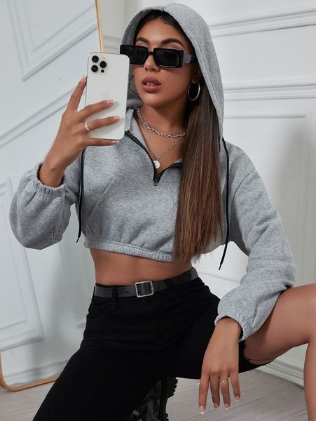 

half zip kangaroo pocket hooded crop sweatshirt t6xm#, White;black