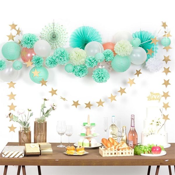 20 pcs menta festa verde decoração kit papel fãs lanterns pom pom pom estrela estrela estrela aniversário bebê chuveiro decoração de casamento 201201