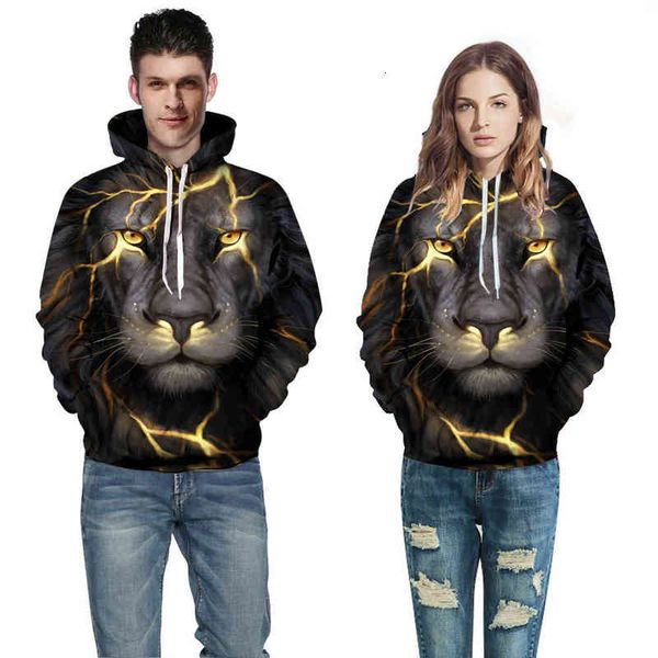 

men's nnd women's sweatshirts 2022 women's fashion lion head digital printed hooded sweater large baseball et, Black