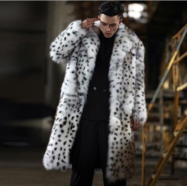 

men's fur & faux long section men leopard print oversized jackets turn down collar male imitation outwears mixed color winter coats j32, Black