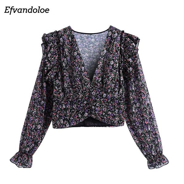 

women purple floral print chiffon blouses 2021 spring autumn long sleeve cropped ruched shirts, White