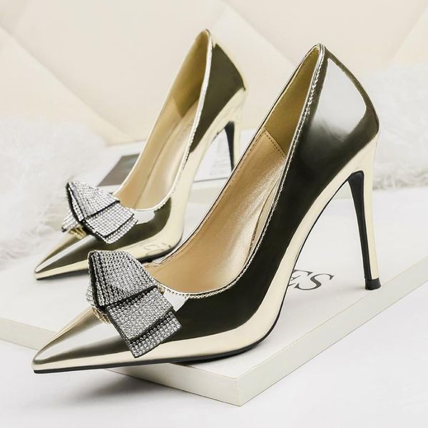 

dress shoes crystal bowknot high heels women japanned leather girls stilettos pumps pointed toe ladies office plus size sexy, Black
