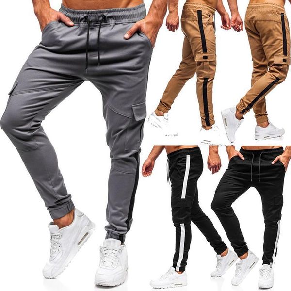 

men's pants 2021 men's side fake pocket stitching webbing color matching casual woven trousers cargo streetwear men1, Black