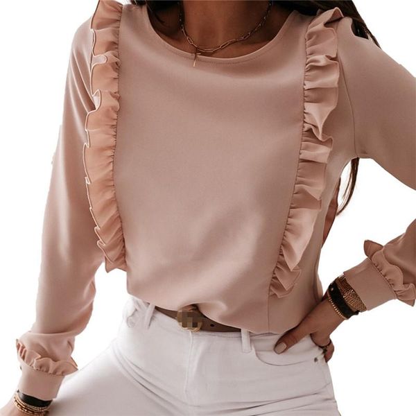 

women's blouses & shirts xingqing female shirt solid color women ruffle round neck long sleeve blouse for streetwear tunic blusa mujer, White