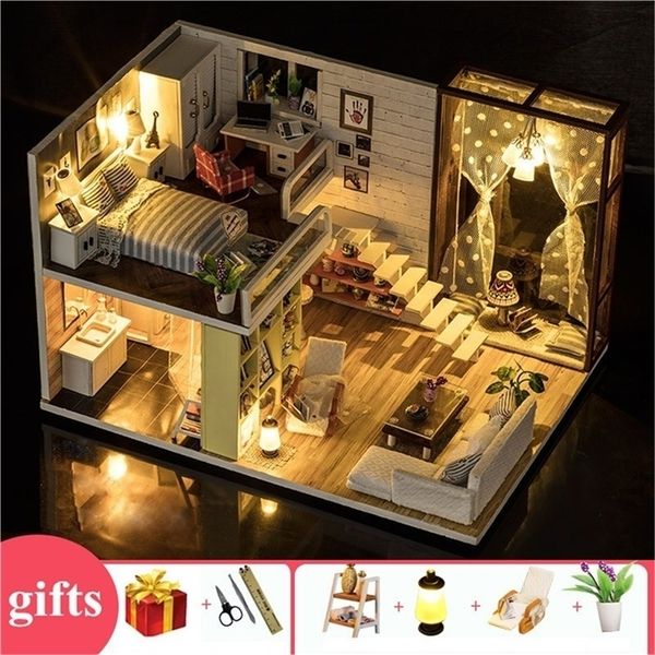 

wooden large doll house modern city loft kids home toys diy miniature doll house wood kit furnitures lamp bed zabawki dla dzieci y200704