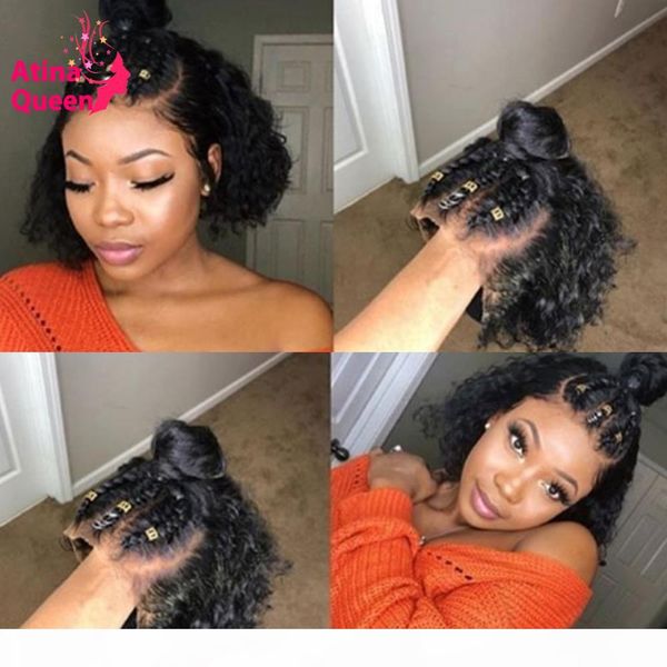 

13x6 bob pixie cut парик preplucked deep часть фронта шнурка человеческих волос короткие парики remy курчавый парик belached сучки для черно, Black