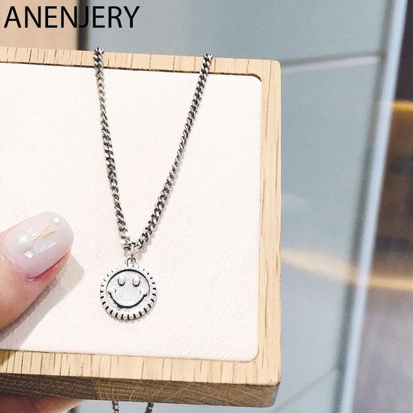 

anenjery simple vintage 925 sterling silver smiling face pendant necklace for women men couple chain necklace friend gift s-n694