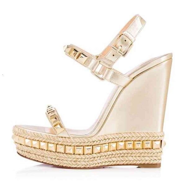 

ladies 20 famous red bottom wedge cataclou sandals gold patent leather studded ankle strap women's pumps party dress eu35-42,with box, Black