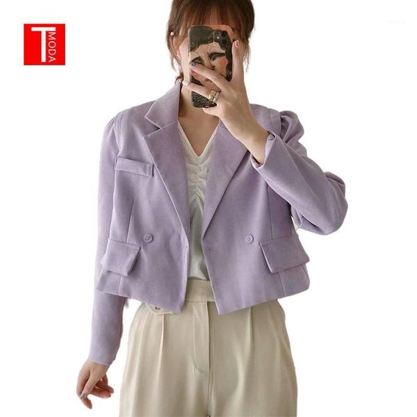 

tmoda434 women 2021 fashion double breasted cropped purple blazer coat vintage puff long sleeve pocket female outerwear chic, White;black
