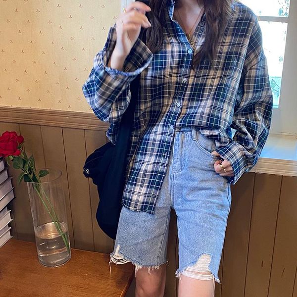 

2 colors 2020 autumn korean style classic loose plaid shirts womens long sleeve blouses womens (f3902, White