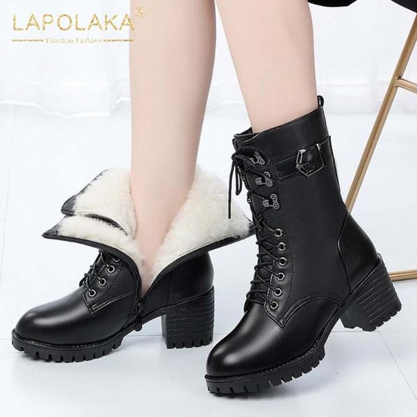 

new arrivals 2021 warm plush black solid shoes woman boots female chunky heels zipper belt buckle platform comfy booties