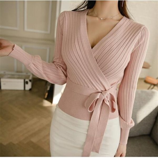 Elegante rosa V-Ausschnitt Laterne Ärmel Schnürung Wrap Pullover Frauen Frühling Herbst schwarz OL Cardigan Strickpullover Damen Tops 201023