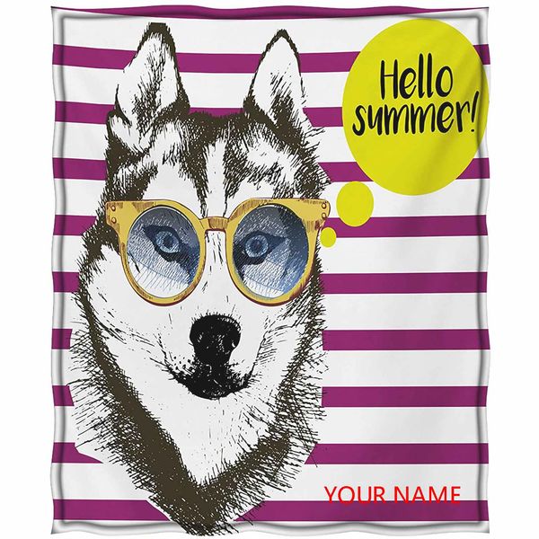 

alaskan malamute lightweight cool blanket, purple stripes with husky sketch yellow hipster glasses hello summer quote diy blanket, without f