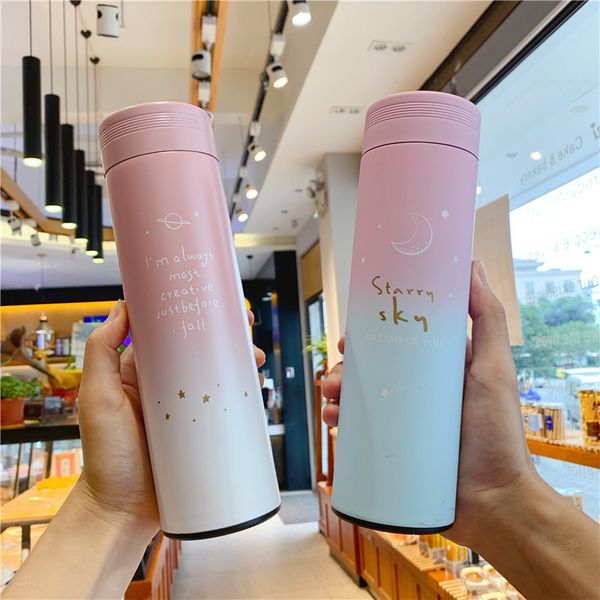 

2021 new selling smart thermos flask 304 stainless steel girl student cute cartoon gradient color diagonal cup