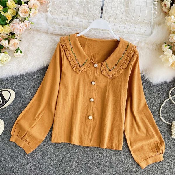 

vintage green/yellow/beige blouse casual peter pan collar long sleeve single-breasted shirts female new fashion blusas 2020, White