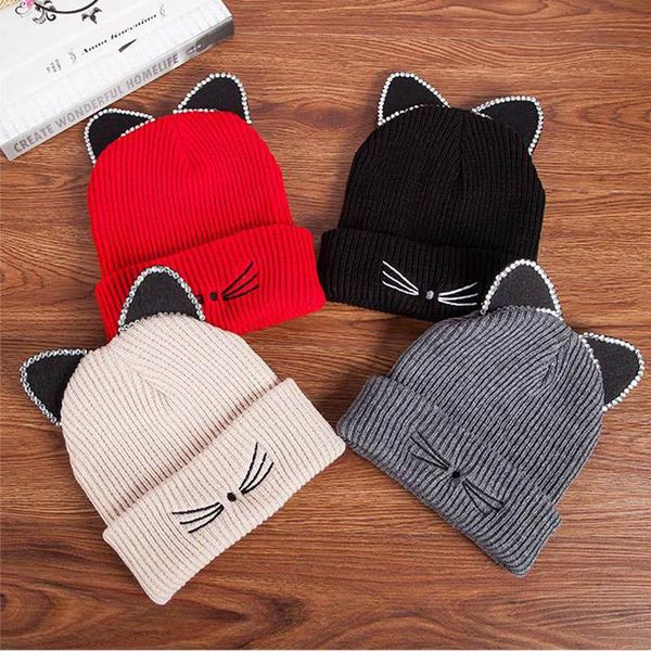 

Women Winter Cap Knitted Wool Solid Color Beanie Female Casual Crochet Warm Beanies Hinestone Cat Ear Hat, Blue;gray