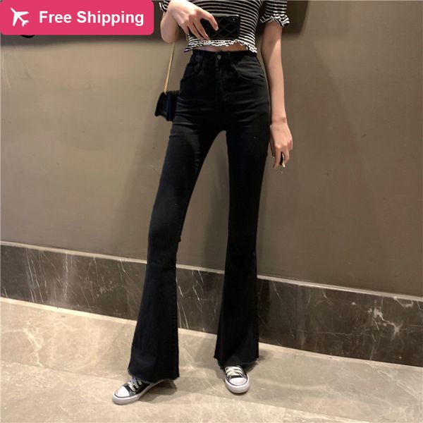 

feminino do vintage preto sino inferior elstico magro alargamento jeans me cintura alta denim borla tornozelo calas, Blue