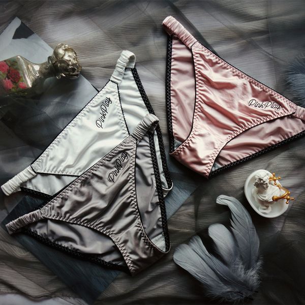 

underwear women's luxury satin letter print embroidery ribbon solid low waist buttock lace briefs, Black;pink