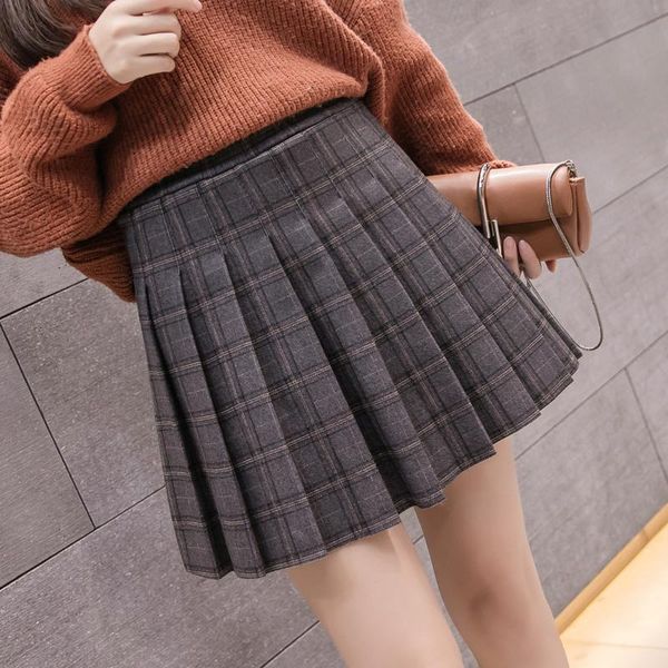 

skirts jxmyy autumn and winter fashion woolen plaid pleated skirt female high-waist a-line college style student, Black