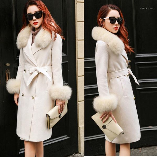 

woman winter new 2020 real fur collar long sleeve hand-sewn fleece cashmere coat long female wool coat1, Black
