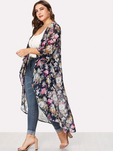 

plus floral print open front kimono b12c#, Black