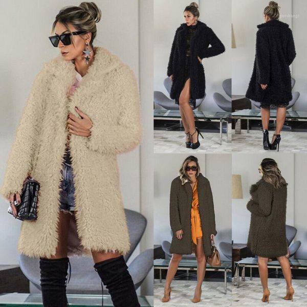 

brand new elegant faux fur coat women autumn winter warm soft long fur jacket female plush overcoat casual teddy outwear1, Black