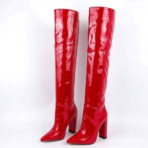 

women patent leather thick high heels over-the-knee boots plue size 34-43 new brand red pointed toe ladies shoes western boots1, Black