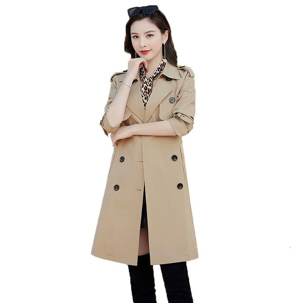 

female fashion spring blush new korean thin belt long sleeve overcoat mid-length coat 1f39, Tan;black
