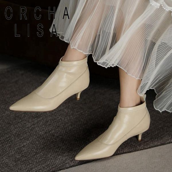 

boots orcha lisa 2021 women ankle pointed toe 5cm short heels genuine leather warm stylish concise designer autumn a3494, Black