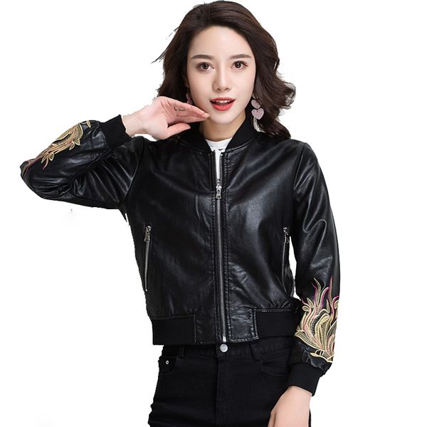 

2021 new ladies flower embroidered women's casual female black leather jacket htzb