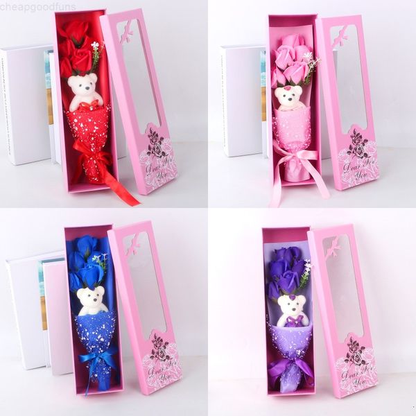 

box 5 pcs soap rose + 1 pc cartoon bear flower bouquet valentine day wedding anniversary couple gift