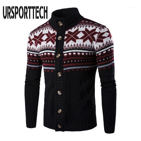 

christmas sweater men fashion autumn winter warm printed single-breasted knit cardigan casual stand collar mens cardigan sweater1, White;black