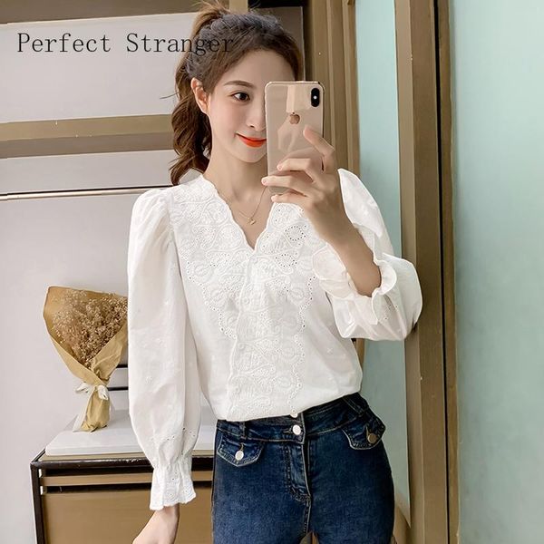 

2020 autumn new arrival v collar long sleeve women chiffon blouse, White