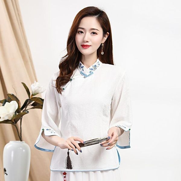 

print flower blouse young lady traditional mandarin collar vintage women cotton linen tang classic vintage clothes 3xl1, Red