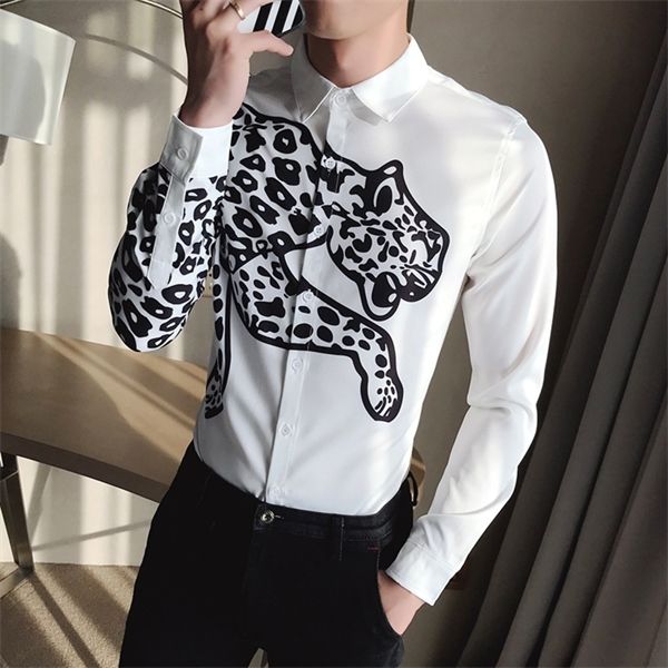 

camisa slim masculina fit club party prom printed mens chemise homme fashion animal print show vintage shirt men c1212, White;black