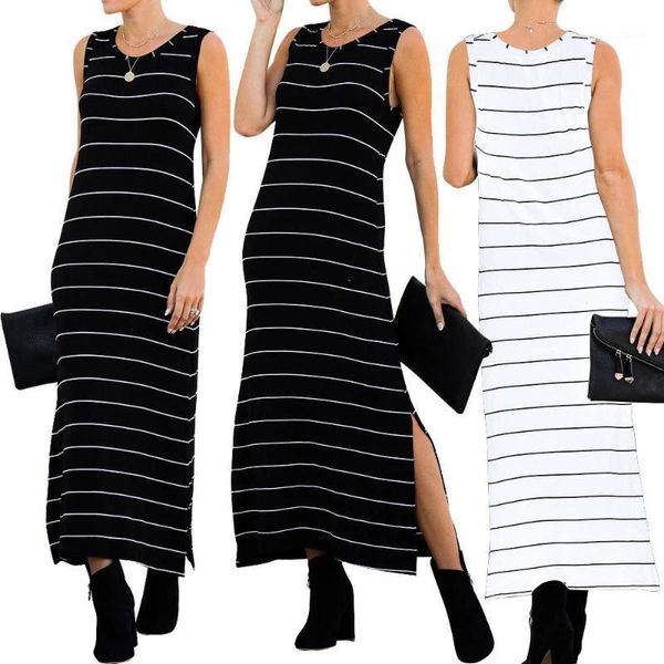 

summer white dress 2020 women vintage dress casual sriped party dresses o-neck sleeveless loose long fashion vestidos1, Black;gray