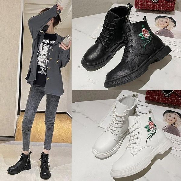 

one yona 2021 winter new tide casual all-match lace-up women boots print zipper middle heels round toe women boots, Black