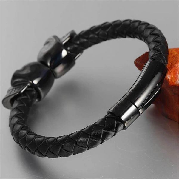 

панк мужские ювелирные изделия из черных тканых кожаный браслет из нержавеющей стали череп магнитная пряжка мода браслет браслет мужские юве, Bronze;silver