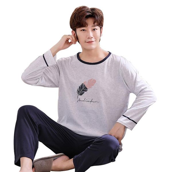

men's pajamas autumn plus size 5xl pyjama set pure cotton male home costumes sleep simple cartoon sleepwear with pants, Black;brown