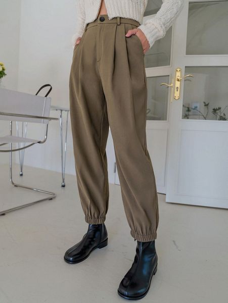 

dazy slant pocket fold pleated pants x76j#, Black;white