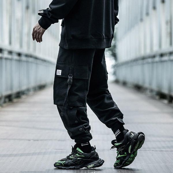 

men's clothes autumn double breasted hip-hop straight leg function pants harajuku multifunctional streetwear loose comfortable, Black